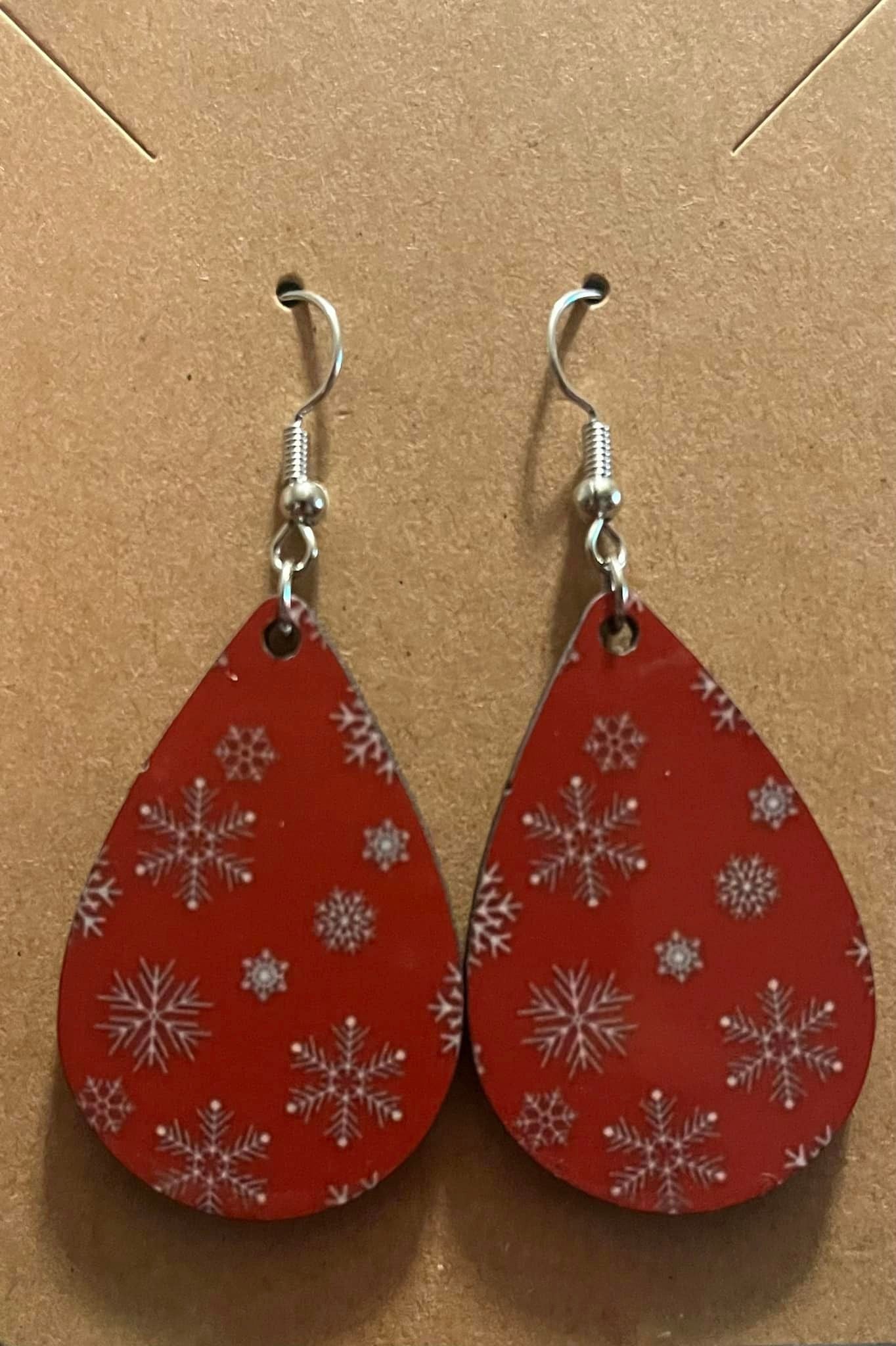 Earrings- Winter Snowflake with Red Background