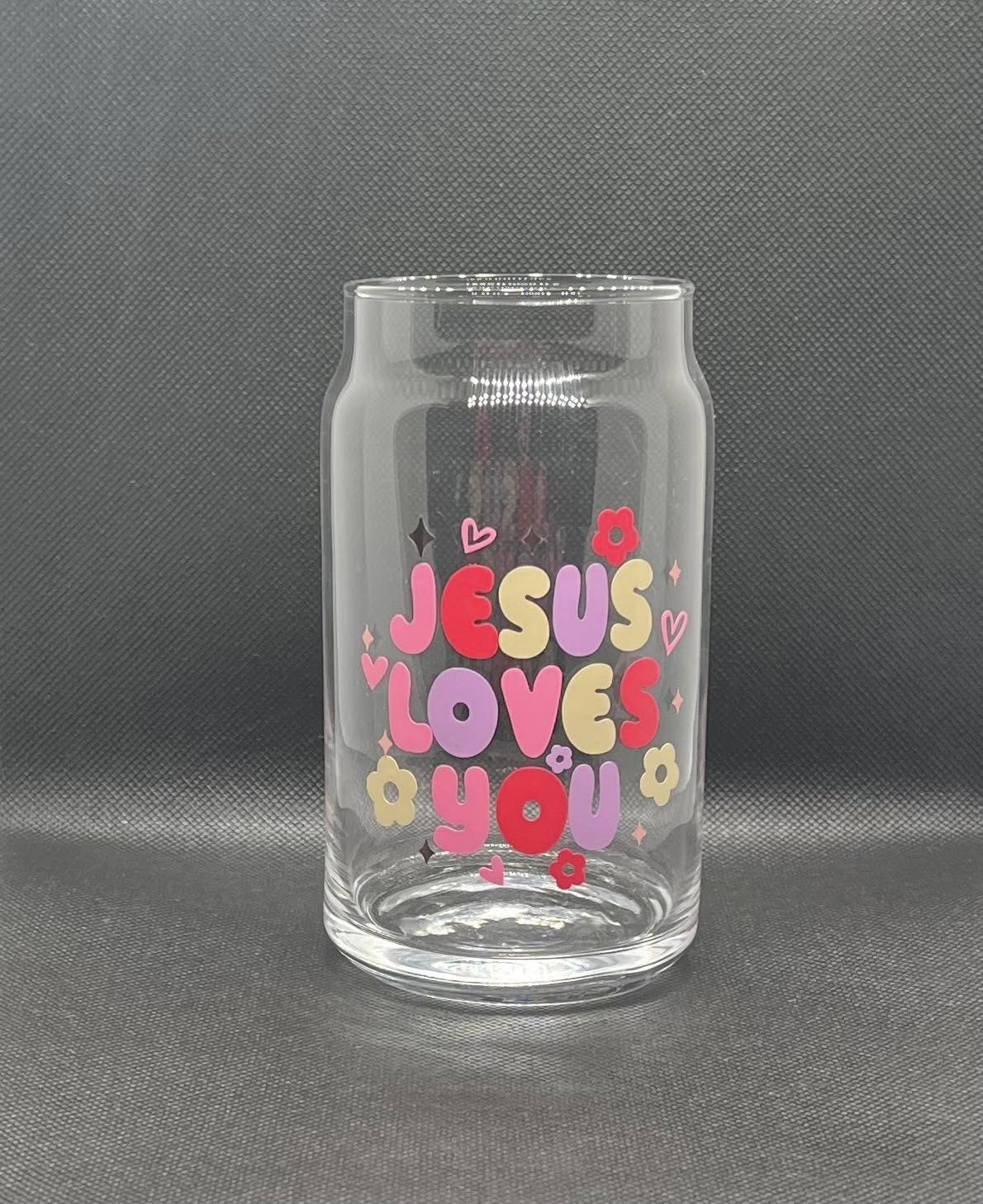 16 oz Glass Cup- Jesus Loves You