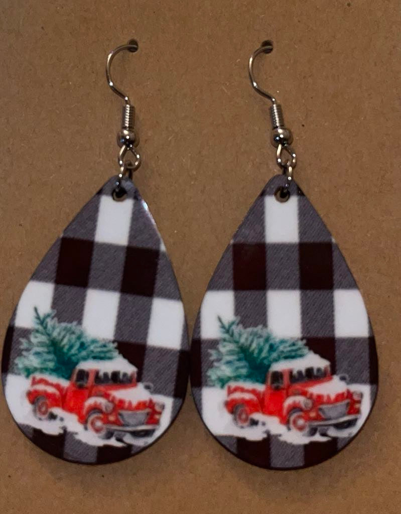 Christmas Black and White Plaid with Red Truck and Tree