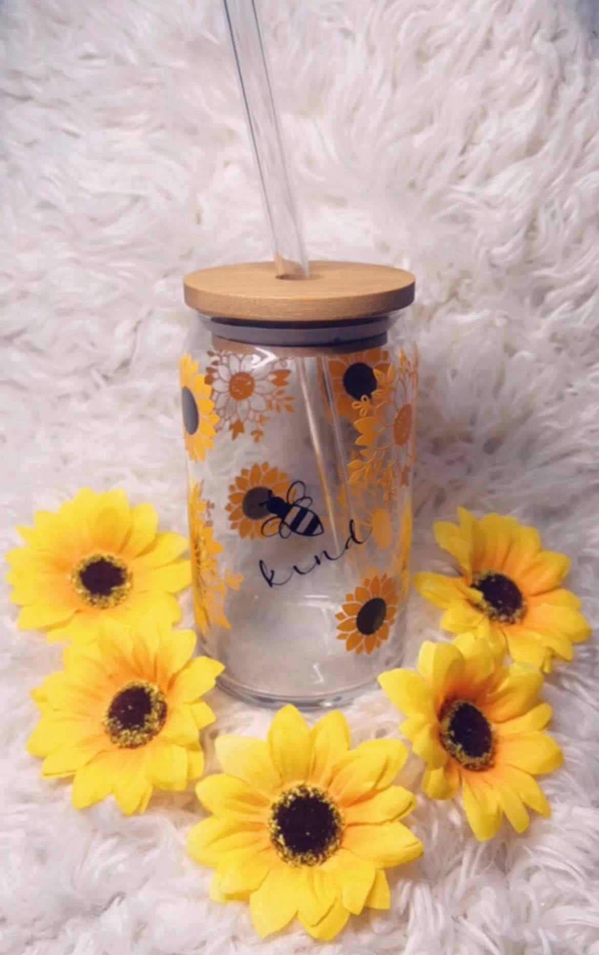 16 oz Glass Cup- Be Kind and Sunflowers