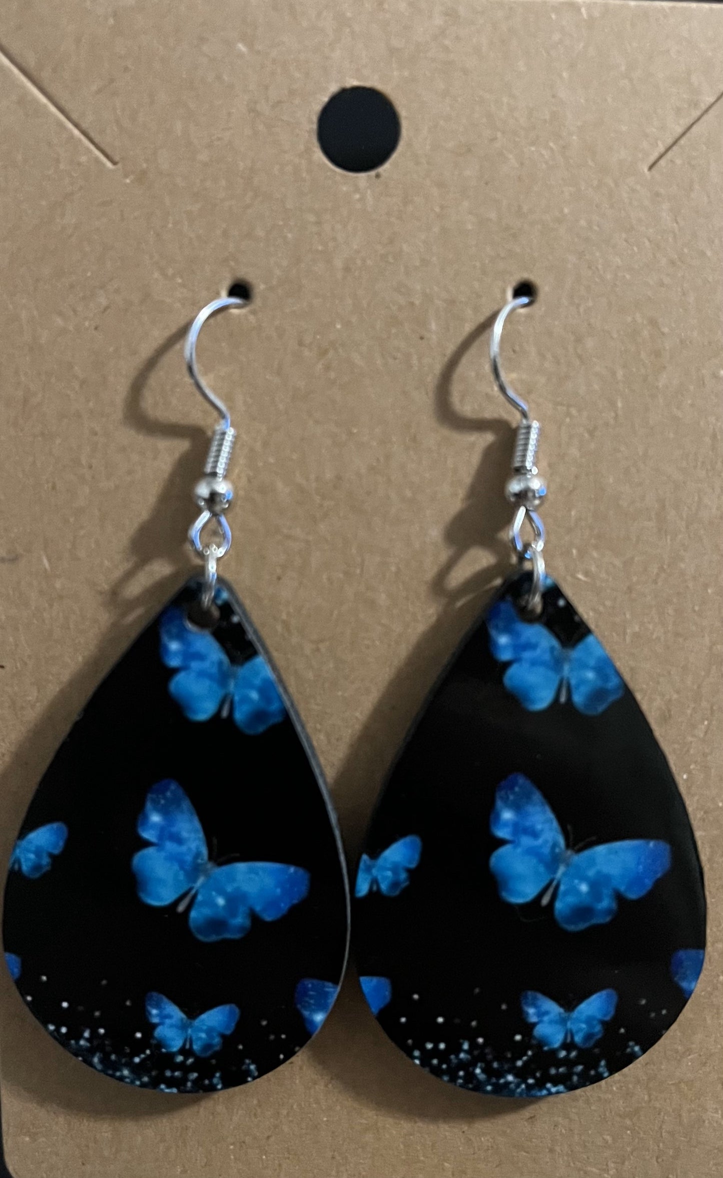 Earrings- Animals/Animal Print Black with Blue Butterflies