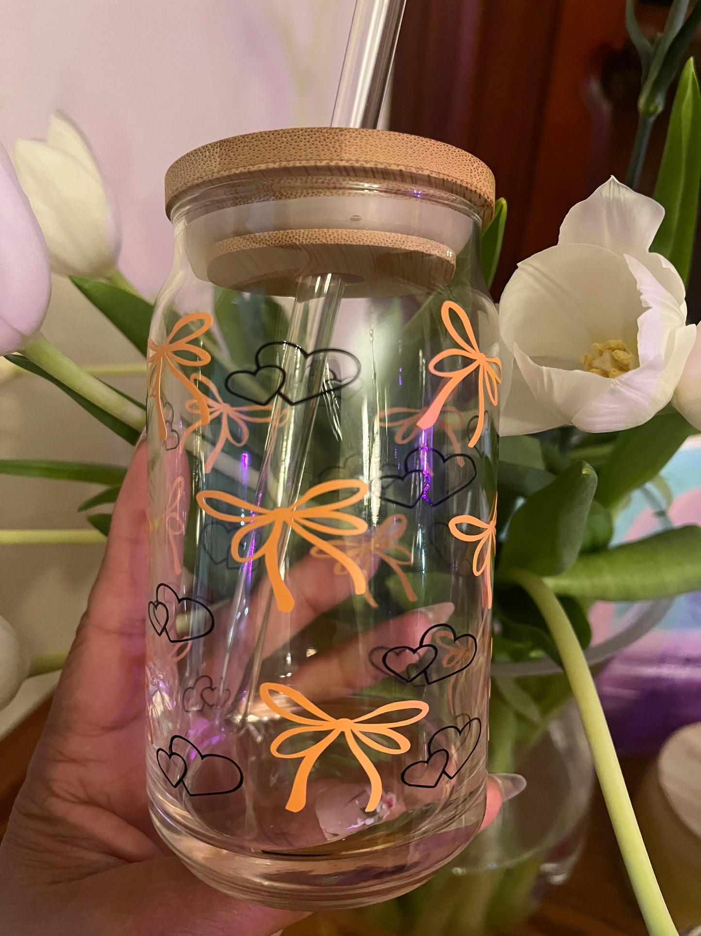 16 oz Glass Cup- Bows and Hearts