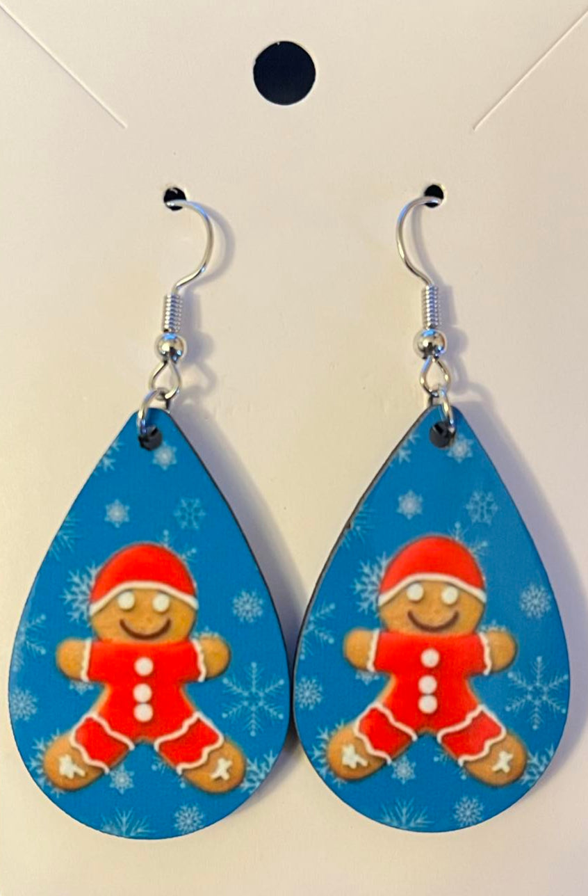 Earrings- Christmas Blue with Red and White Gingerbread Man