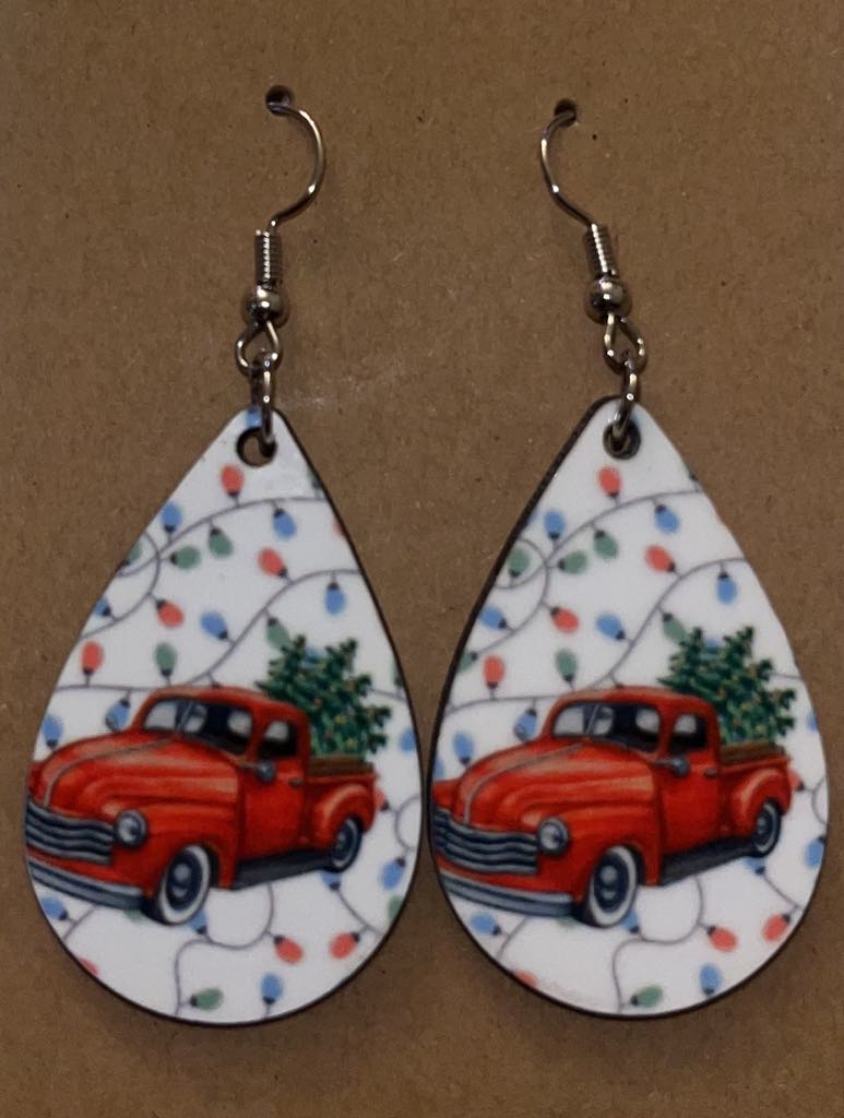 Earrings- Christmas Lights with Red Truck and Tree