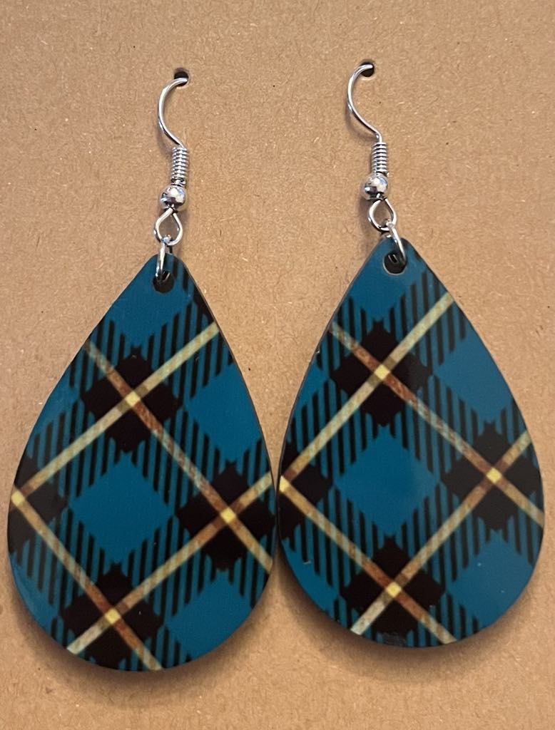 Earrings- Christmas Plaid Blue and Yellow