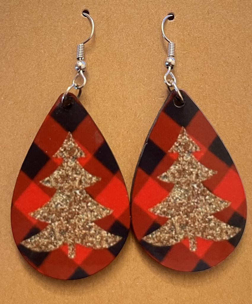 Earrings- Christmas Red and Black Plaid with Gold Tree