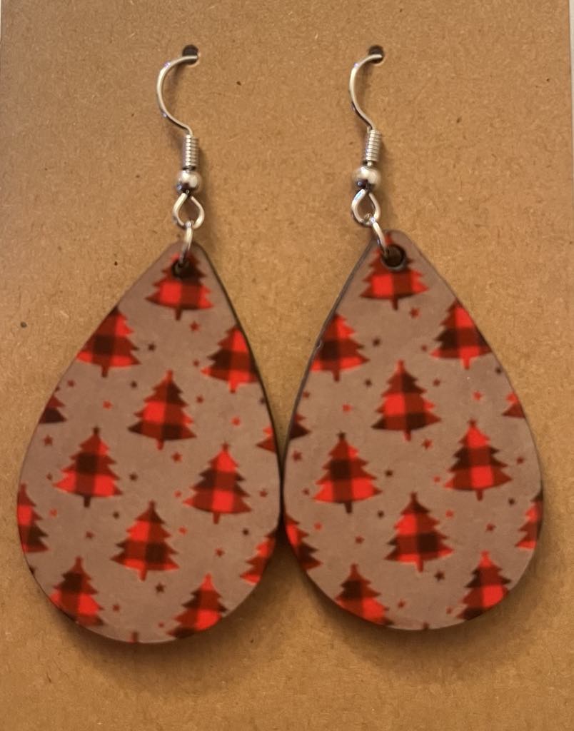 Earrings- Christmas Tan with Black and Red Plaid Trees