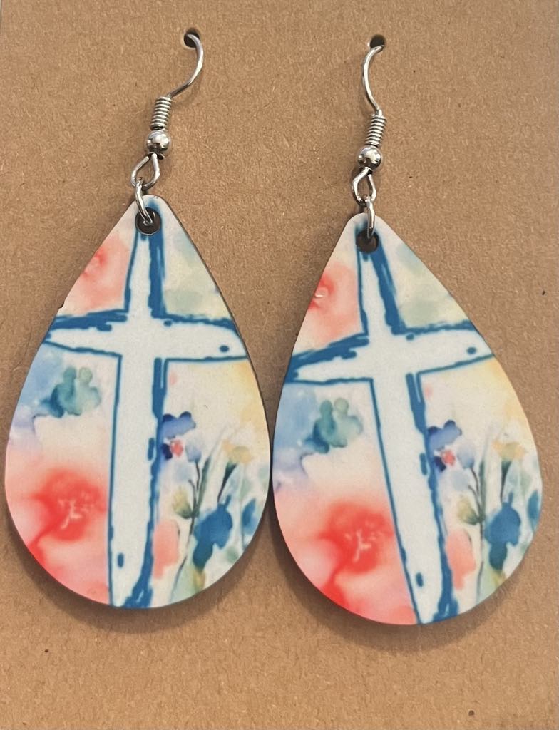 Earrings- Faith Based Water Color Blue Cross