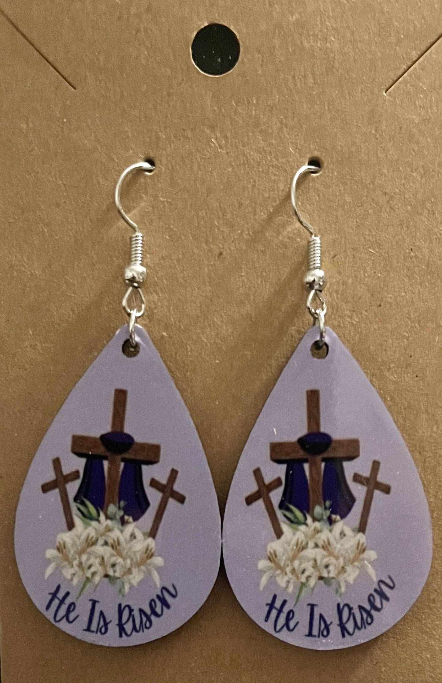 Earrings- Faith Based He is Risen with Three Crosses