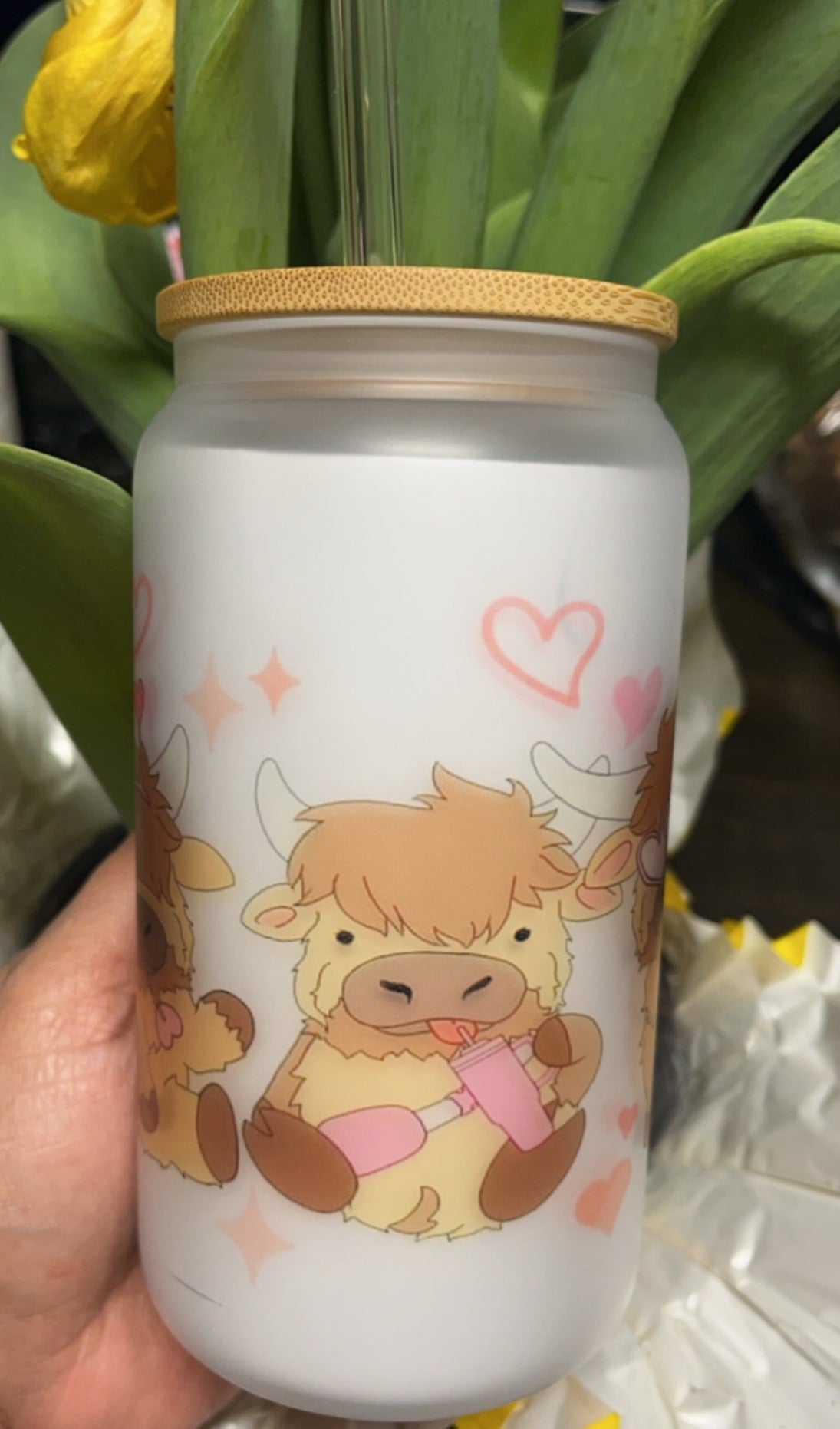 16 oz Glass Cup- Cows /Sheep Frosted Glass