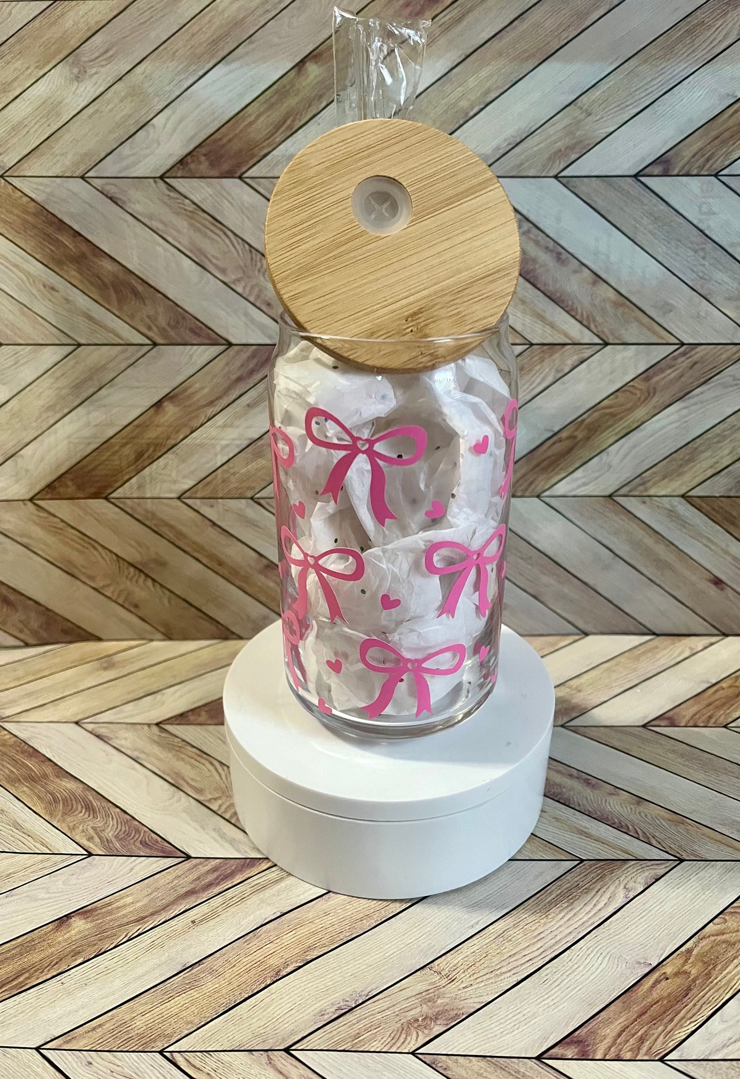 16 oz Glass Cup- Pink Ribbon with Hearts