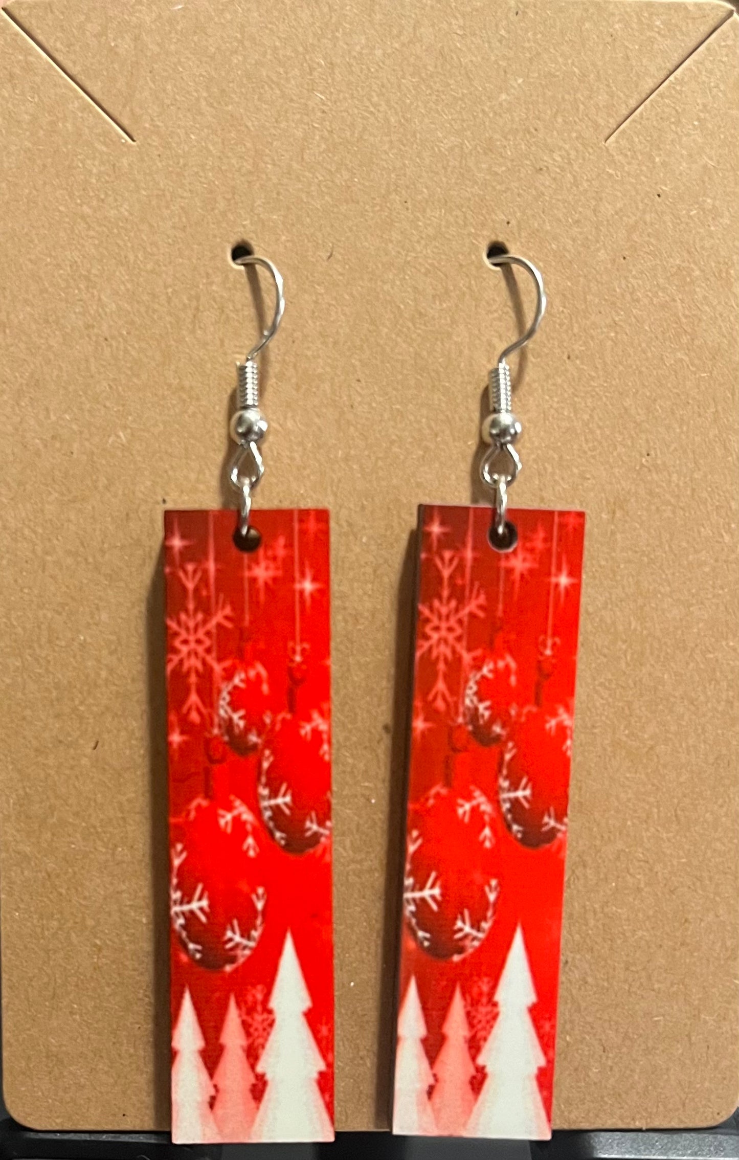 Earrings- Christmas Rectangular Red Ornaments and White Trees