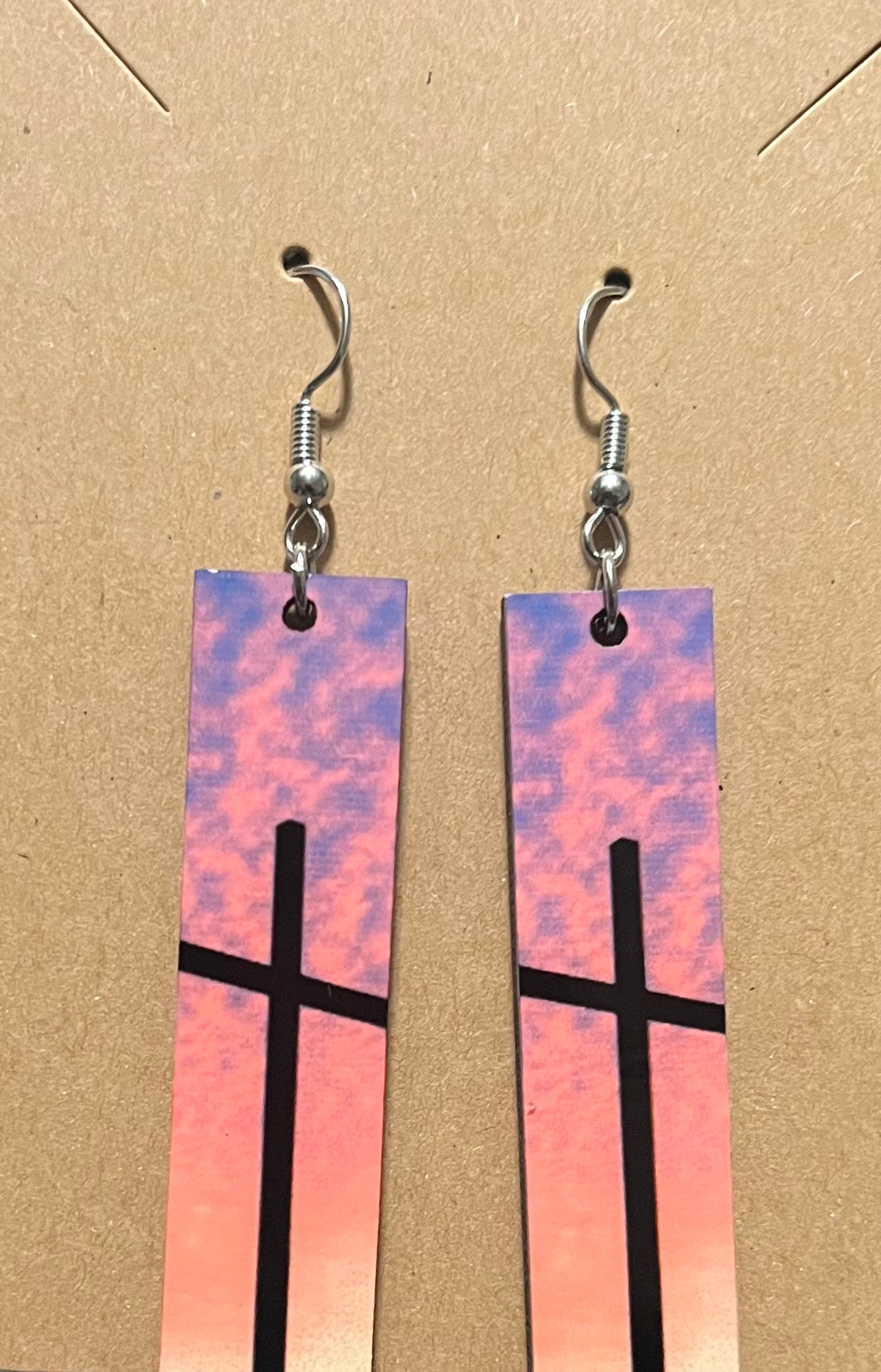 Earrings- Faith Based Rectangular Pink with Cross