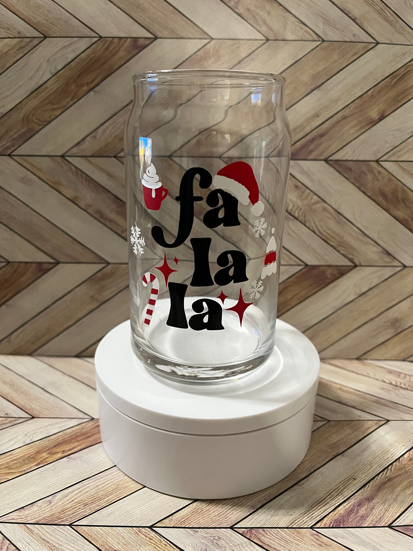 16 oz Glass Cup- Christmas Fa La La