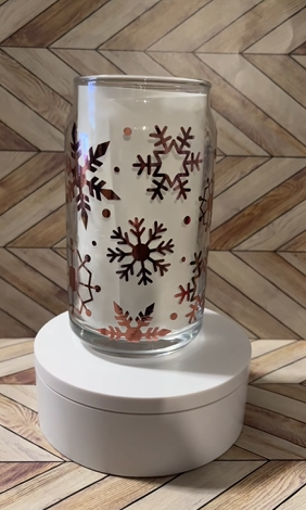 16 oz Glass Cup- Christmas Rose Gold Snowflakes