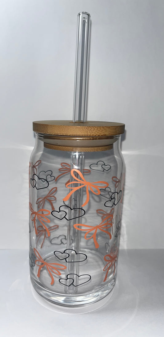 16 oz Glass Cup- Bows and Hearts