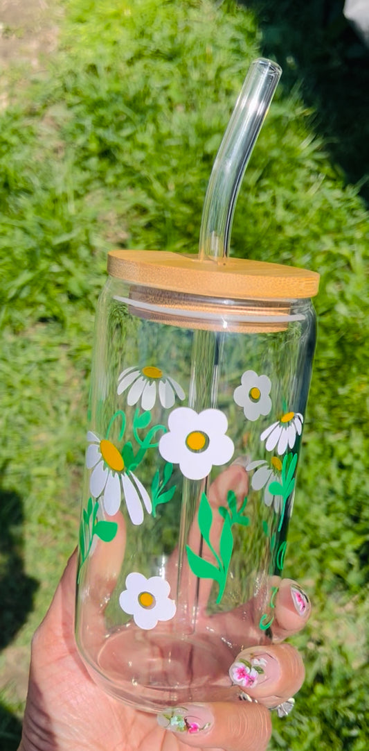 16 oz Glass Cup- Large Daisy
