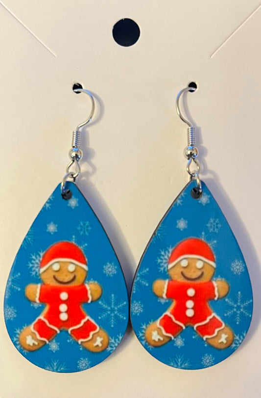 Earrings- Christmas Blue with Red and White Gingerbread Man