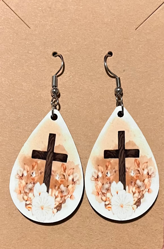 Earrings- Faith Based Brown Cross with Floral