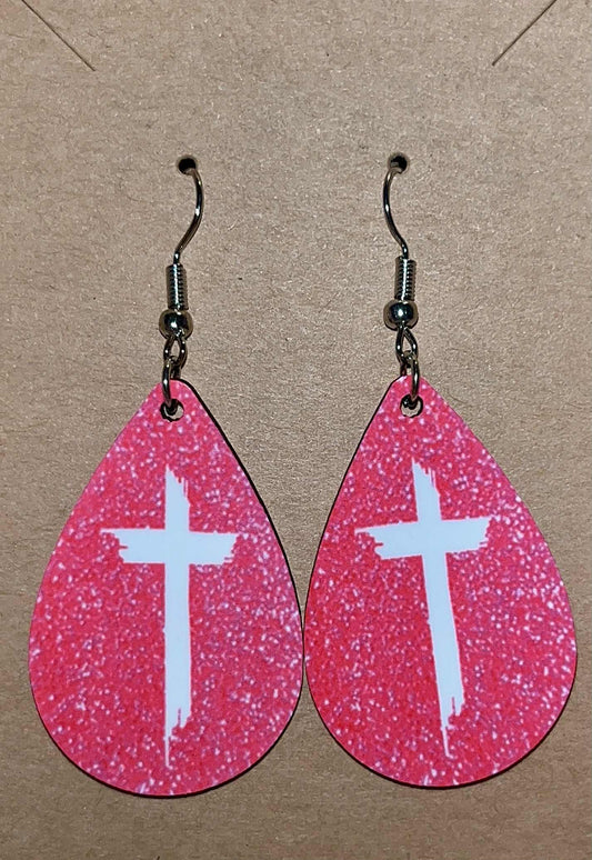 Earrings- Faith Based Pink with White Cross