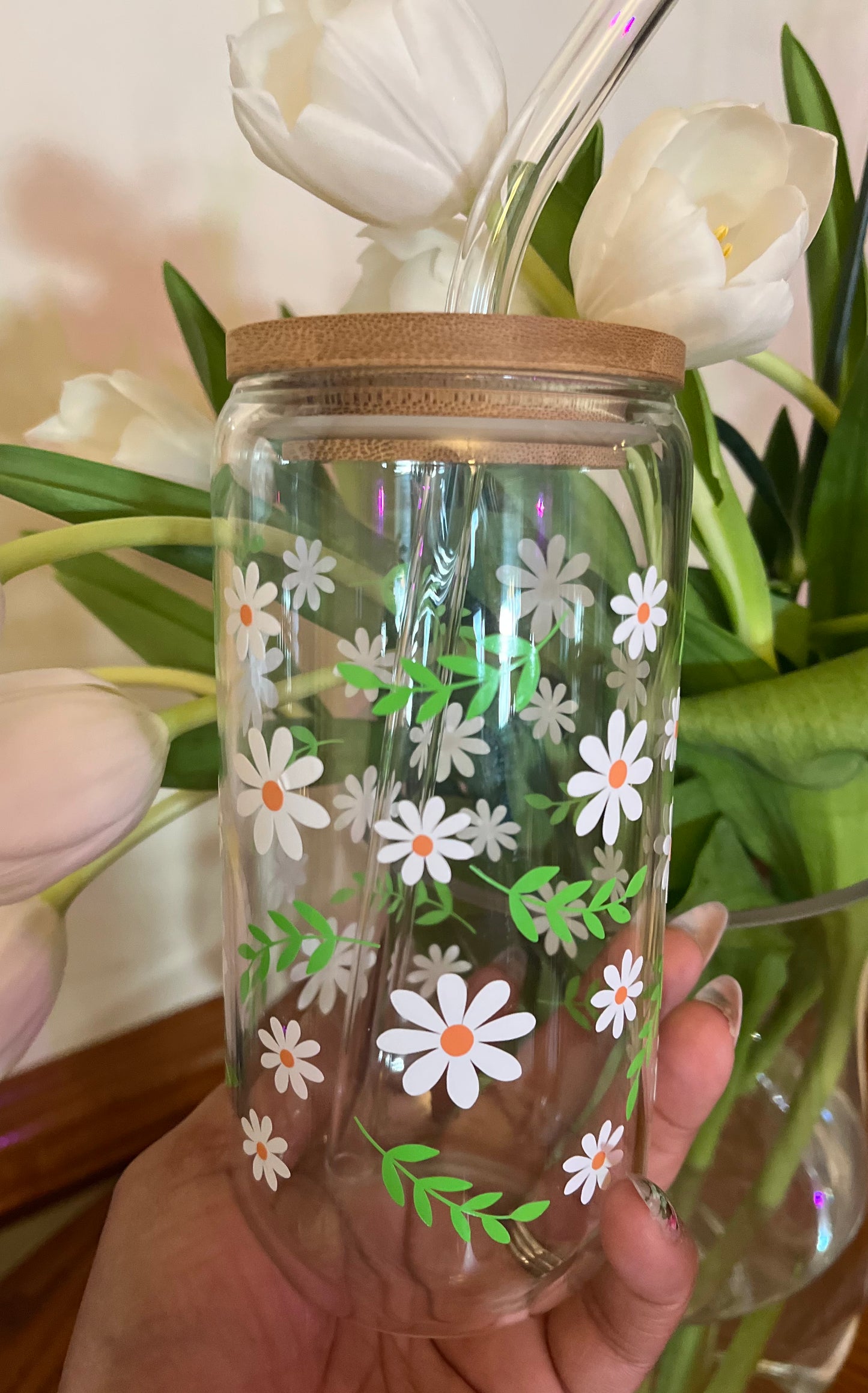 16 oz Glass Cup- Daisy's
