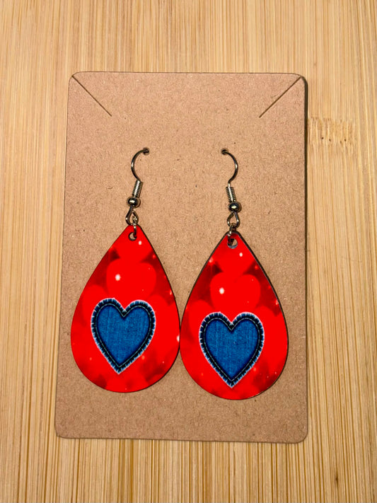 Earrings- Valentine's Day Red with Blue Jean Heart
